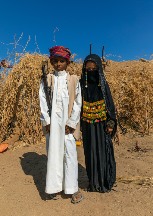 Portrait of Rashaida tribe boy and girl in traditional clothing, Kassala State, Kassala, Sudan