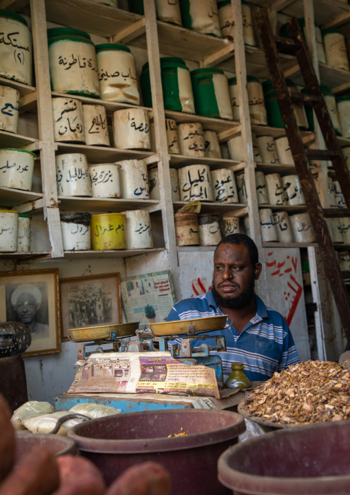 Sudanese man in his shop in the market, Khartoum State, Omdurman, Sudan