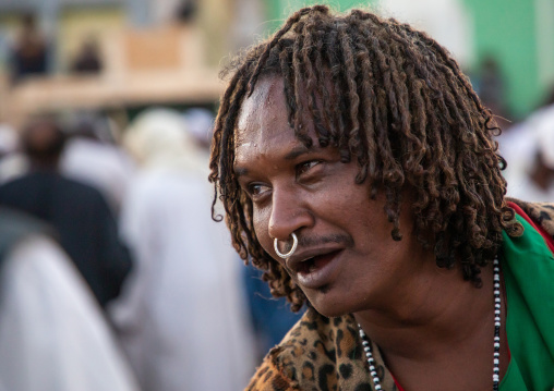 Sudanese man with a nose ring during friday sufi celebration at sheikh Hamad el Nil tomb, Khartoum State, Omdurman, Sudan