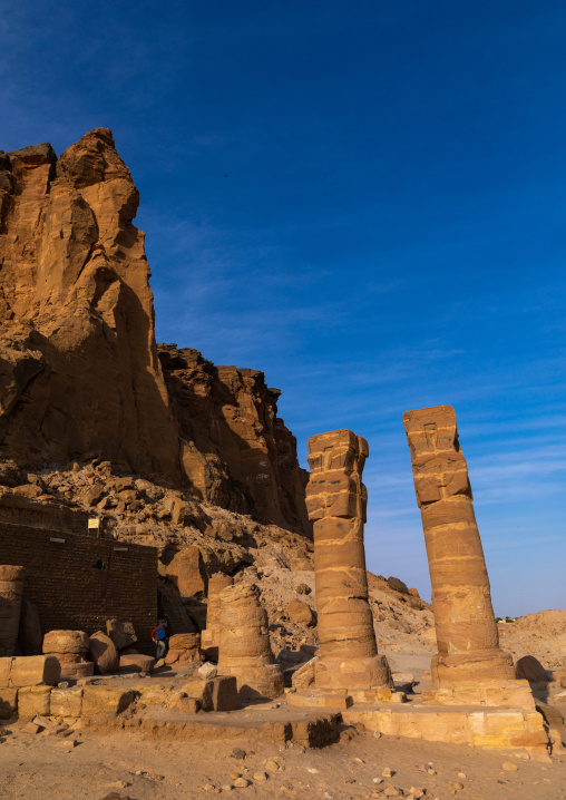 Hathor columns in the outer courtyard of the temple of mut at jebel Barkal, Northern State, Karima, Sudan
