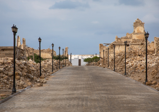 Renovated alley in the middle of ruined ottoman coral buildings, Red Sea State, Suakin, Sudan