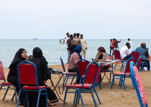 Sudanese people eating in a restaurant near the sea, Red Sea State, Port Sudan, Sudan