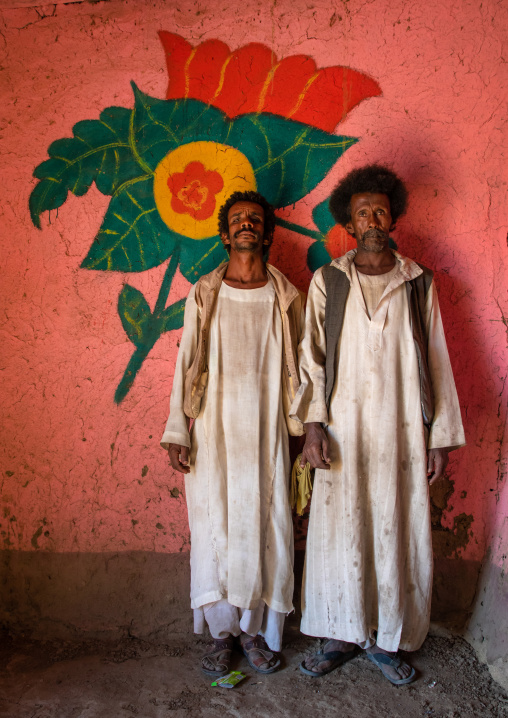 Sudanese men in a restaurant with decorated walls, Kassala State, Kassala, Sudan