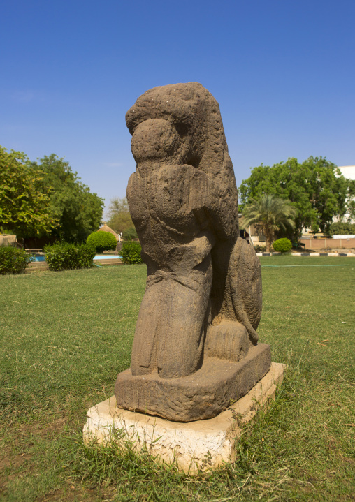 Sudan, Khartoum State, Khartoum, lion attacking a man sculpture at the national museum of sudan