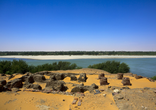Sudan, Nubia, Old Dongola, the ruins of the medieval city of old dongola in front of river nile