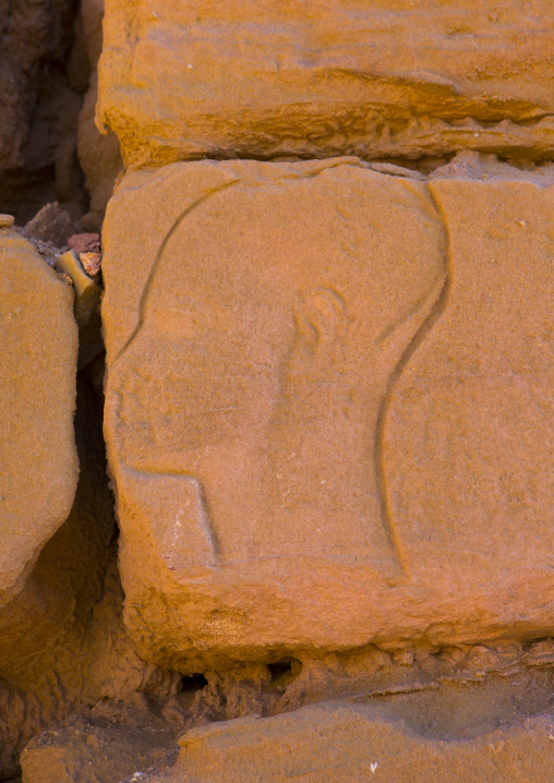 Sudan, Northern Province, Karima, carved head in the temple of amun in the holy mountain of jebel barkal