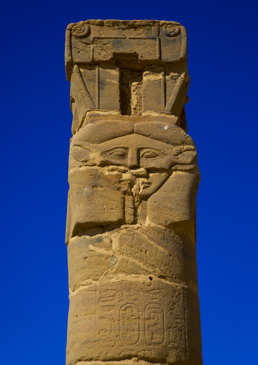 Sudan, Northern Province, Karima, hatoric style columns in the outer courtyard of the temple of amun and mut at the base of the jebel barkal