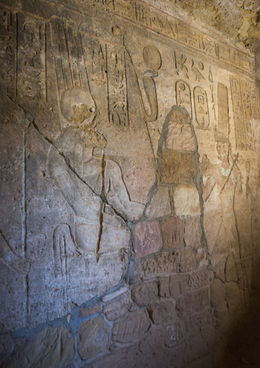 Sudan, Northern Province, Karima, hieroglyphs in the mammisi chapel of the temple of amun at the foot of jebel barkal