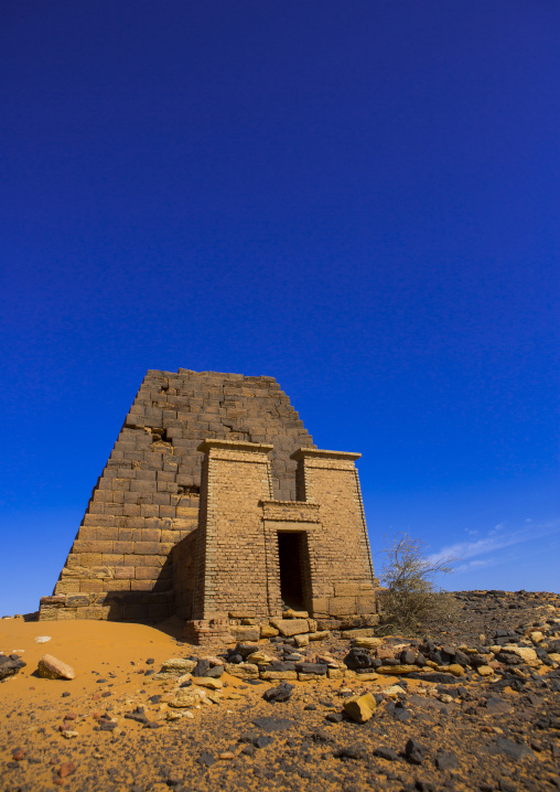 Sudan, Kush, Meroe, pyramid and tomb in royal cemetery