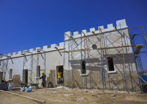 Sudan, Port Sudan, Suakin, scaffolding on a renovated building