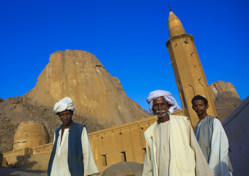 Sudan, Kassala State, Kassala, men in front of khatmiyah mosque at the base of the taka mountains