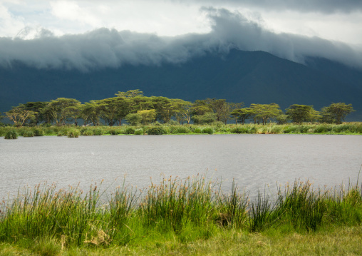 Tanzania, Arusha Region, Ngorongoro Conservation Area, clouds over landscape and mountain range