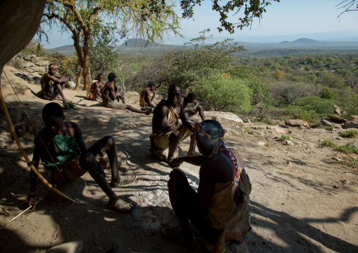 Tanzania, Serengeti Plateau, Lake Eyasi, hadzabe tribe men in their cave