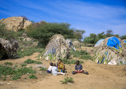 Tanzania, Serengeti Plateau, Lake Eyasi, hadzabe tribe traditional huts made with sisal agaves in a village