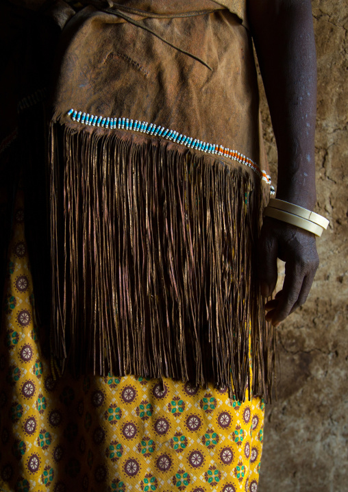 Tanzania, Serengeti Plateau, Lake Eyasi, datoga tribe woman wearing a leather dress