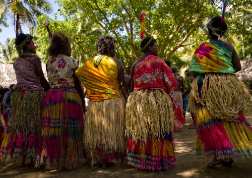 Traditional dance with women in colorful clothes and grass skirts, Tanna island, Epai, Vanuatu