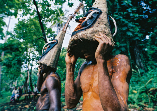 Tribesmen dancing in the jungle with helmet masks for a circumcision ceremony, Malampa province, Malekula island, Vanuatu