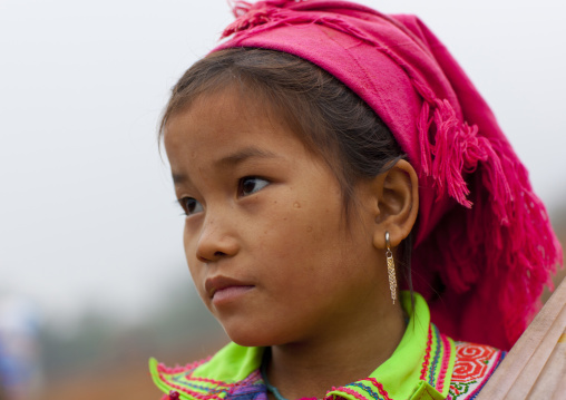 Flower hmong young girl with pink headscarf, Sapa, Vietnam
