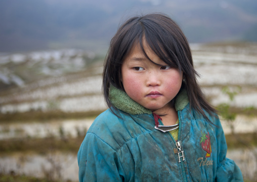 Black hmong young girl in front of terrace paddy fields, Sapa, Vietnam
