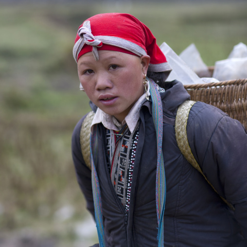 Red dzao woman carrying a basket on her shoulders, Sapa, Vietnam