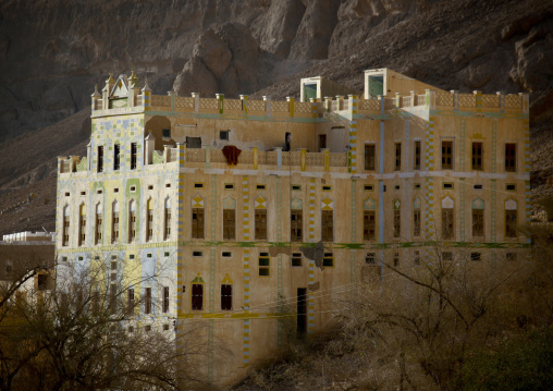 Front Of A Traditional Building Down A Cliff, Decorated With Colourful Paintings, Hadramaut, Yemen