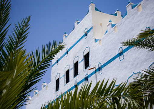 White Al Hawatha Hotel Decorated With Light Blue Paintings, Shibam, Yemen