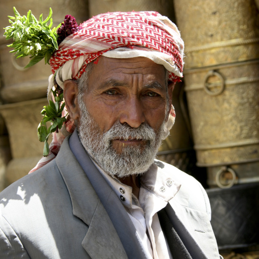 Old Yemeni Man With Leaves And A Flower In His Turban, Sanaa, Yemen