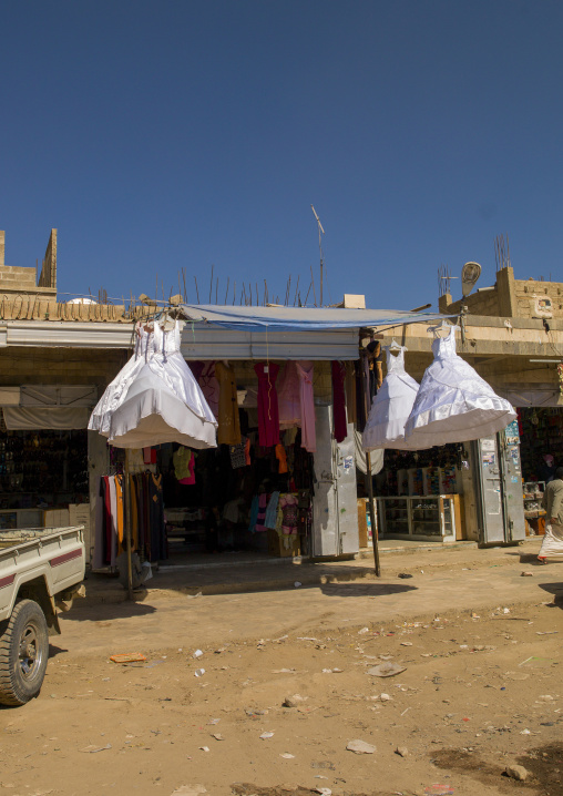 Wedding dresses for sale in a shop, Amran Governorate, Amran, Yemen