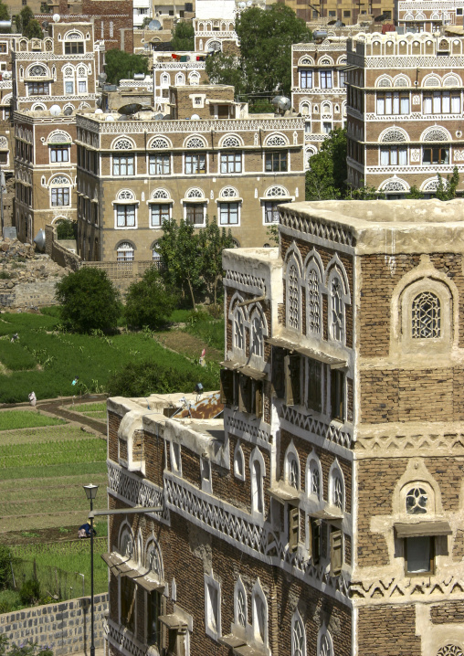 Traditional houses in the old city featuring ornamental facades, Amanat Al-Asemah, Sanaa, Yemen