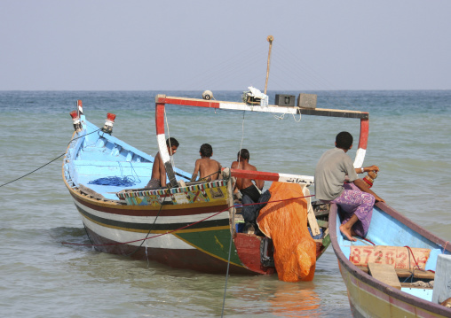 Yemeni fishermen on a dhow, Taiz Governorate, Mokha, Yemen
