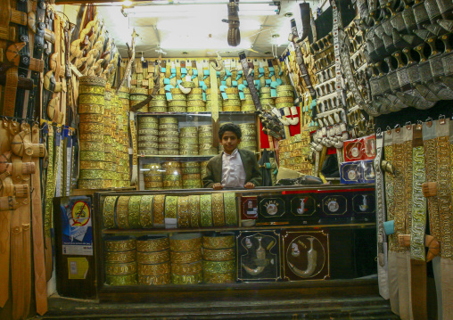 Yemeni man selling jambiyas in a shop, Amanat Al-Asemah, Sanaa, Yemen