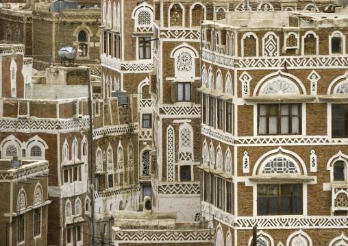 Traditional houses in the old city featuring ornamental facades, Amanat Al-Asemah, Sanaa, Yemen