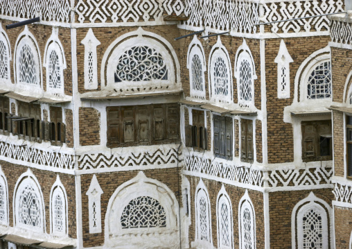 Traditional houses in the old city featuring ornamental facades, Amanat Al-Asemah, Sanaa, Yemen