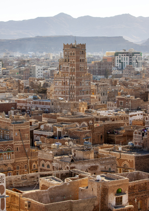 Traditional houses in the old city featuring ornamental facades, Amanat Al-Asemah, Sanaa, Yemen