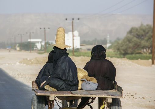 Yemeni woman with straw hat on a cart, Hadhramaut, Shibam, Yemen