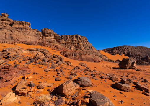 Rocks and sand dunes in Sahara desert, Tassili N'Ajjer National Park, Tadrart Rouge, Algeria