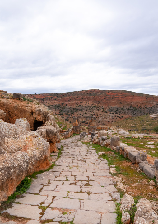 Bending section of Cardo Maximus in Tiddis Roman ruins, North Africa, Bni Hamden, Algeria