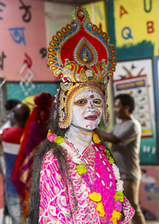 Devotee dressing as Lakshmi in a school for Charak Puja hindu festival, Sylhet Division, Kamalganj, Bangladesh