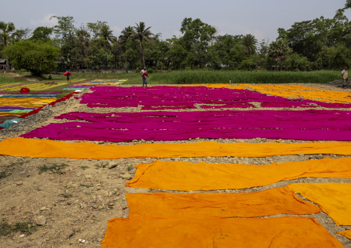 Bangladeshi workers drying fabrics the sun in a batik factory, Chittagong Division, Comilla, Bangladesh