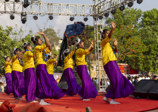 Marma ethnic group girls dancing for Sangrai festival, Chittagong Division, Bandarban, Bangladesh