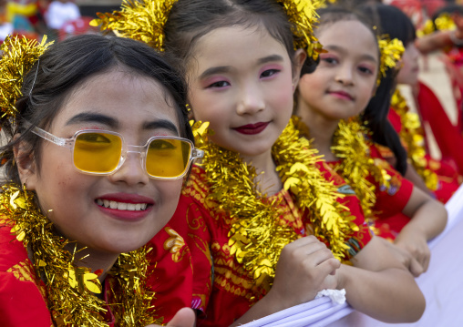 Marma ethnic group girl dressed for Sangrai festival, Chittagong Division, Bandarban, Bangladesh
