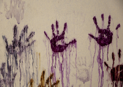 Handprints on a house wall to bring luck, Dhaka Division, Delduar, Bangladesh