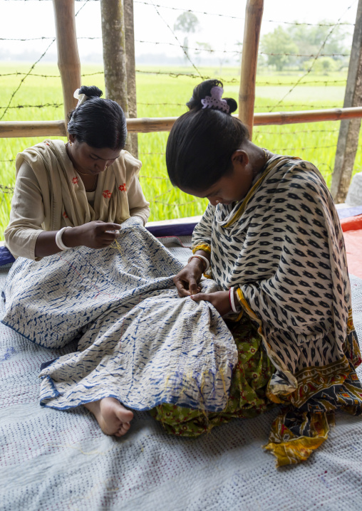 Bangladeshi women stitching kanthas in Living Blue company, Rangpur Division, Goalpara, Bangladesh