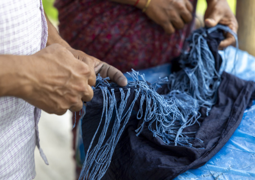 Shawl made with indigo tie-dye resist dyeing technique in Living Blue, Rangpur Division, Goalpara, Bangladesh