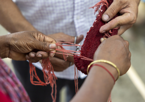 Shawl made with red tie-dye resist dyeing technique in Living Blue, Rangpur Division, Goalpara, Bangladesh