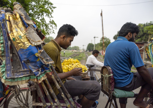 Bangladeshi man on a rickshaw crossing a railway track, Rangpur Division, Rangpur, Bangladesh