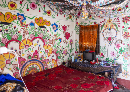 Traditional colorful wall painting in a bangladeshi house, Rajshahi Division, Tikoil, Bangladesh