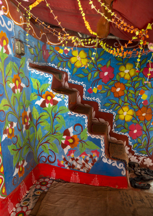 Traditional colorful wall painting in a bangladeshi house, Rajshahi Division, Tikoil, Bangladesh