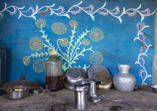 Traditional colorful wall painting in a bangladeshi kitchen, Rajshahi Division, Tikoil, Bangladesh