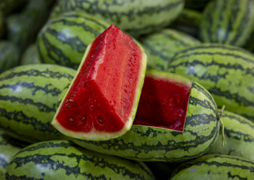 Open watermelon for sale at Kawran Bazar market, Dhaka Division, Dhaka, Bangladesh